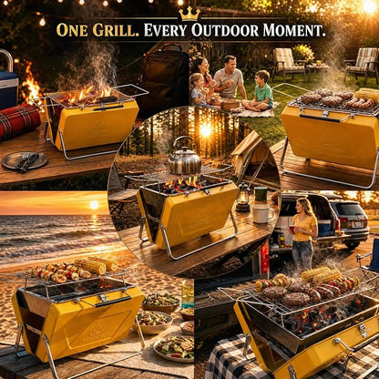 Ranger Portable Charcoal Grill – Compact Lunchbox‑Style Folding BBQ for Camping & Beach| Dual‑Zone Heating, Stainless Steel Body, 3-sec Setup, Includes Tong & Cleaning Brush, Serve 2-3 people