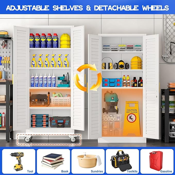 GAIOUS 71”H Metal Garage Storage Cabinet with Lock and Wheels, Metal Storage Cabinets with Louvered Door and 4 Adjustable Shelves, Rolling Tool Cabinet, Utility File Cabinet for Home Office, White