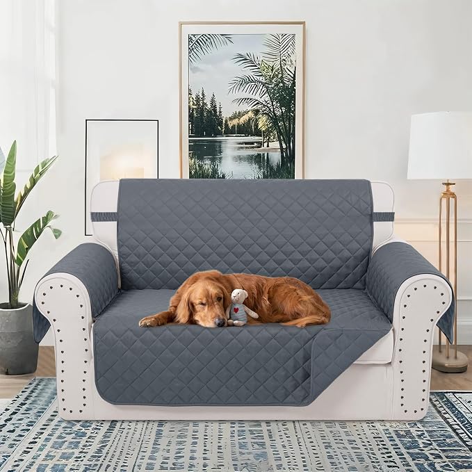 Reversible 45" Small Loveseat Sofa Covers, Dark Blue | Loveseat Covers for Dogs Water Repellent, Friendly Furniture Protector with Elastic Straps for Living Room