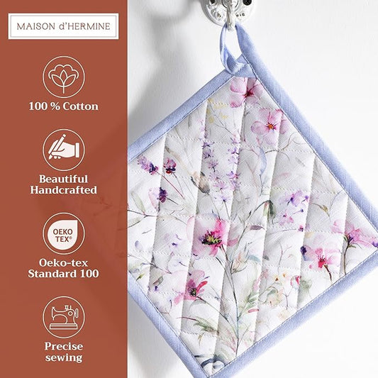 Maison d' Hermine Pot Holders 100% Cotton Heat Resistant Potholders 8" x 8" Hot Pads with Loop BBQ Cooking Baking Hotel Farmhouse Kitchen Handling Hot Pans Spring Summer (Pack of 2, Summer Floral)