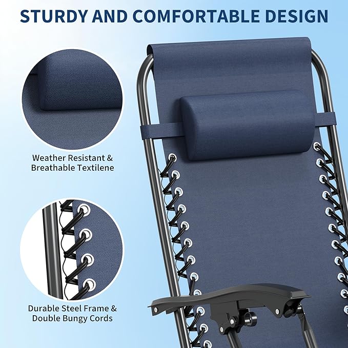 Garvee Zero Gravity Chair Set of 2, Patio Lounge Chair Outdoor with Pillow & Cup Holder Tray, Adjustable Reclining Chair, Folding Portable Camping Chair for Deck, Beach, Yard, Garden - Navy Blue