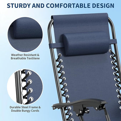 Garvee Zero Gravity Chair Set of 2, Patio Lounge Chair Outdoor with Pillow & Cup Holder Tray, Adjustable Reclining Chair, Folding Portable Camping Chair for Deck, Beach, Yard, Garden - Navy Blue
