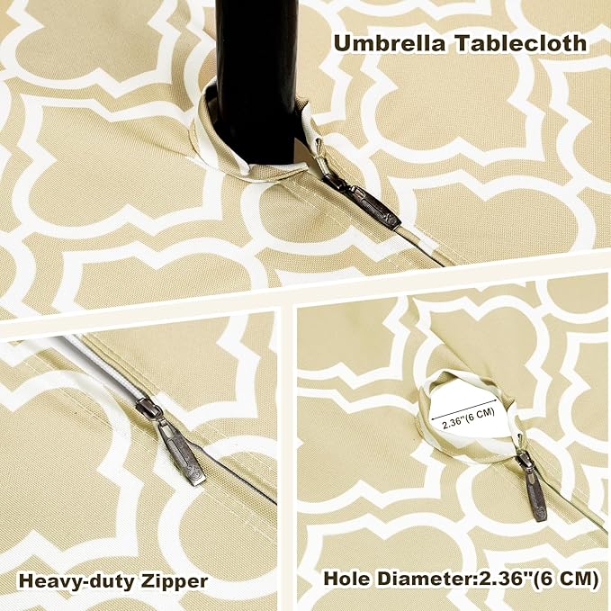 Poise3EHome Round Outdoor Tablecloth with Umbrella Hole and Zipper,Khaki 70 Inch,Polyester SpillProof Washable Table Cloth for Spring Summer Patio Garden Poolside Picnic Camping BBQS