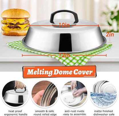 12In Cheese Melting Dome & 8x4In Cast Iron Grill Press, HaSteeL Stainless Steel Basting Cover with Heavy Duty Burger Bacon Press, Griddle Accessories for Teppanyaki Flat Top Stovetop Indoor & Outdoor