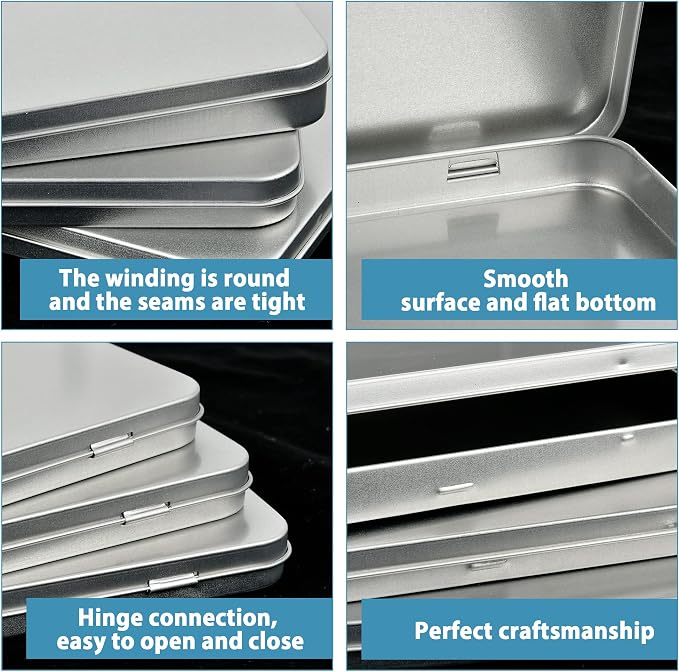 6 Pcs Metal Rectangular Tin Metal Hinged Lid, 6.88 x 4.13 x 0.55 Inch Mini Portable Small Storage Container Tin Box, Metal Box with Hinged Lid for Home or Outdoor Active Storage (Silver)