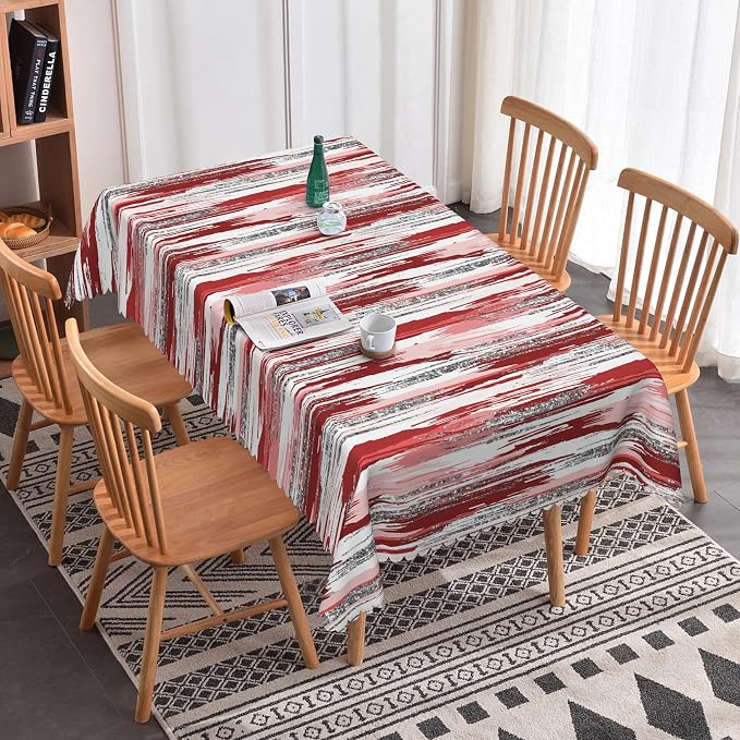 Abstract Striped Rectangle Tablecloth 60x120 Inch Red and White Old Texture Grunge Stripes Vintage Mosaic Dust-Proof Table Cover Protector for Kitchen Restaurant Picnic Camping BBQ Burgundy