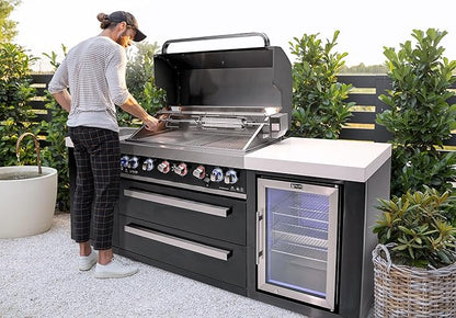 Mont Alpi 94"W x 23"D x 46"H Black Stainless Steel Modular Outdoor Kitchen Island with Refrigerator + 44"W 6-Burner BBQ Gas Grill + Side Burner + White Granite Countertops + Storage Cabinets & Drawers
