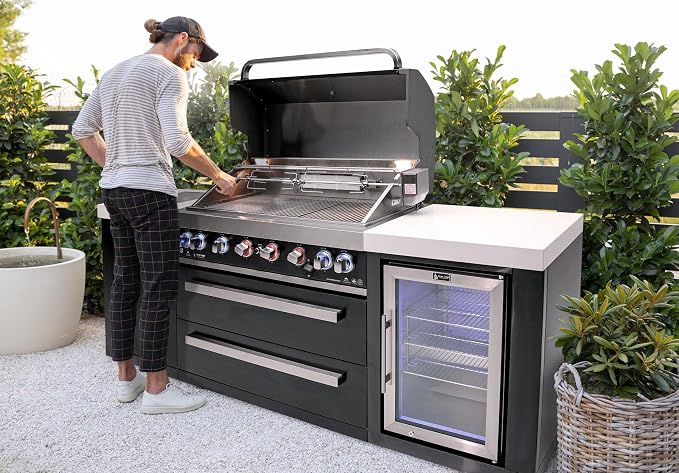 Mont Alpi Premium 94"W x 23"D x 46"H Black Stainless Steel Outdoor Kitchen Island with Refrigerator + 44"W 6-Burner BBQ Natural Gas Ready Grill + Granite Countertops + Storage + Rotisserie Kit + Cover