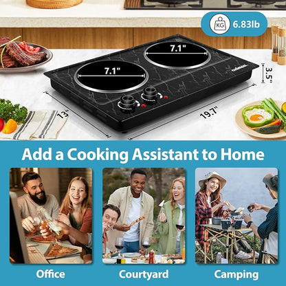CUSIMAX Double Burner Electric Hot Plate for Cooking, 1800W, Black Marble | Portable Infrared Cooktop with Dual Temperature Control/Heat-up in Seconds/Overheating Protectio/Stainless Steel/Easy Cleanup