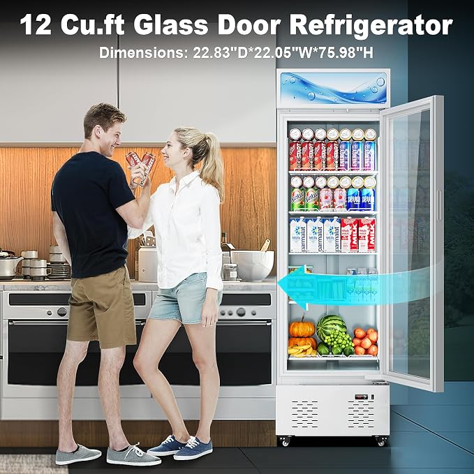 22.8'' W Commercial Beverage Refrigerator, 11 Cu.Ft Glass Door Drink Cooler with Soft Light and 5 Shelves, Display Refrigerator for Restaurant Store Cafe Bar, White