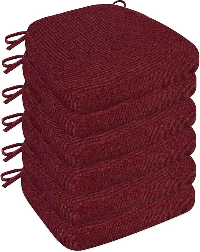 Sunsleek Chair Cushions for Dining Chairs, D-Shaped Seat Cushions with Removable Washable Cover and Ties, Chair Pads for Kitchen, Indoor Dining Room, Patio Chairs, 17'' x 16'', Set of 6, Red