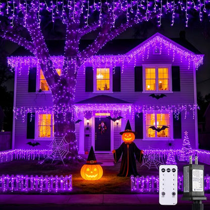 JMEXSUSS 38.8 FT 400 LED Purple Halloween Icicle Lights Outdoor | Waterproof, 8 Modes, Purple Halloween Lights with 80 Drops Plug in for House Christmas Party Decorations