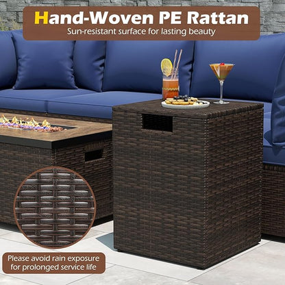 Tangkula Wicker Propane Tank Cover Table, 20 LB Gas Tank Holder Storage Box with Flip Lid & Adjustable Foot Pads, 16" Outdoor Rattan Hideaway Table for Gas Fire Pit, Grill, Griddle & Stove (Brown)
