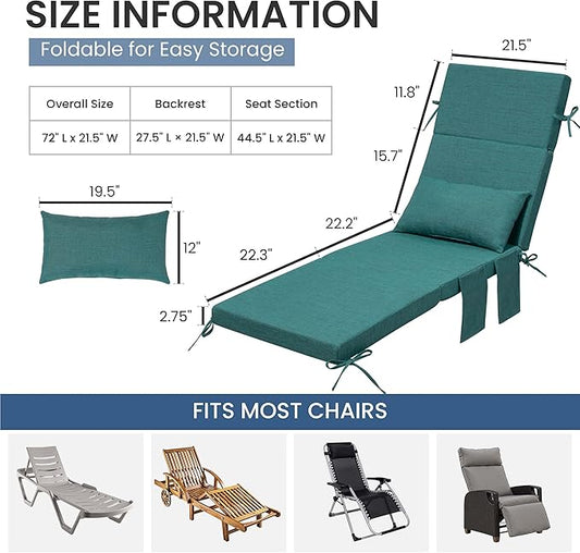 Crestlive Products Foldable Outdoor Chaise Lounge Cushions with Head Pillow and Side Pockets, Water Resistant & Fade Resistant Lounge Chair Cushion, 72''L x 21''W, Set of 2, Malachite