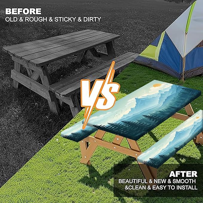 Picnic Table Cover with Bench Covers and Bag, Forest Mountain Sunset Camping Tablecloth, Waterproof Windproof Oilproof Elastic Edges Fitted Tables Cover for Indoor Outdoor 3PCS 30x72 Inch (Green)