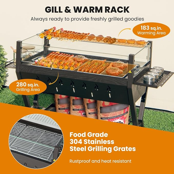 Giantex Charcoal Grill with Transparent Glass Wind Guard, Heavy Duty BBQ Grill Campfire Pit, Fire Bowl, Side Spice Racks, Bottom Storage Shelf, for Outdoor Cooking Backyard Barbecue Party