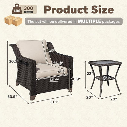 3 Piece Patio Furniture Set, Wicker Outdoor Conversation Set | Patio Chair Set with Olefin Removable Cushion, All-Weather Armchair Set with Deep Seat for Porch, Deck and Backyard, Beige