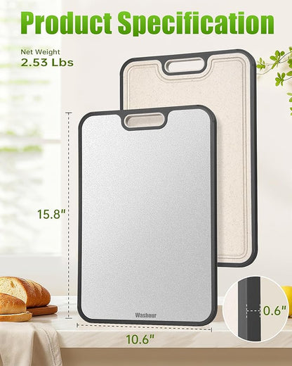 Stainless Steel Cutting Boards for Kitchen, Non Toxic 2-in-1 Cutting Board Double Sided, Food Grade Chopping Boards for Fresh Meat Vegetable, Easy to Clean Large Size 16”×11”