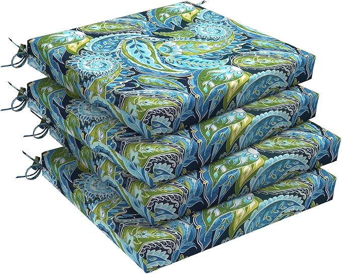 DYTXIII Set of 4 Outdoor Chair Cushions, Water Resistant 18.5"x16"x2" Square Seat Cushion for Patio Dining Chairs, High-Density Replacement Pads for Indoor Outdoor Furniture - Paisley Lapis Green