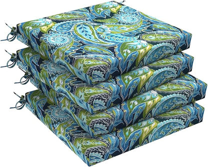 DYTXIII Set of 4 Outdoor Chair Cushions, Water Resistant 18.5"x16"x2" Square Seat Cushion for Patio Dining Chairs, High-Density Replacement Pads for Indoor Outdoor Furniture - Paisley Lapis Green