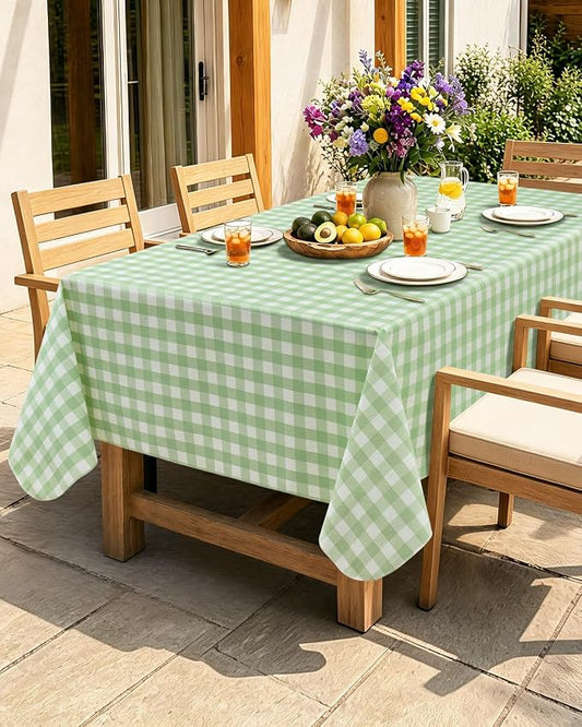 Seenus Flannel Backed Gingham Plastic Tablecloth, Waterproof & Wipeable Light Green Checkered Table Cover, Non-Slip Picnic Table Cloth for Birthday Party Outdoor Camping, Rectangle 60 x 120 Inch