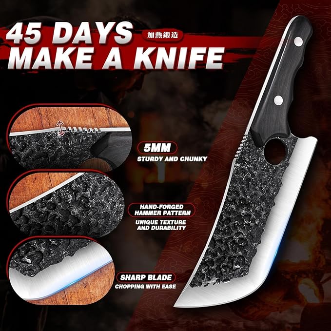 TIJERAS Butcher Knife Set For Meat Cutting, 3PCS Hand Forged Cooking Knives Set With Ergonomic Handle, High Carbon Steel Meat Bone Cleaver for Kitchen Camping BBQ, Birthday Gifts for Men Women