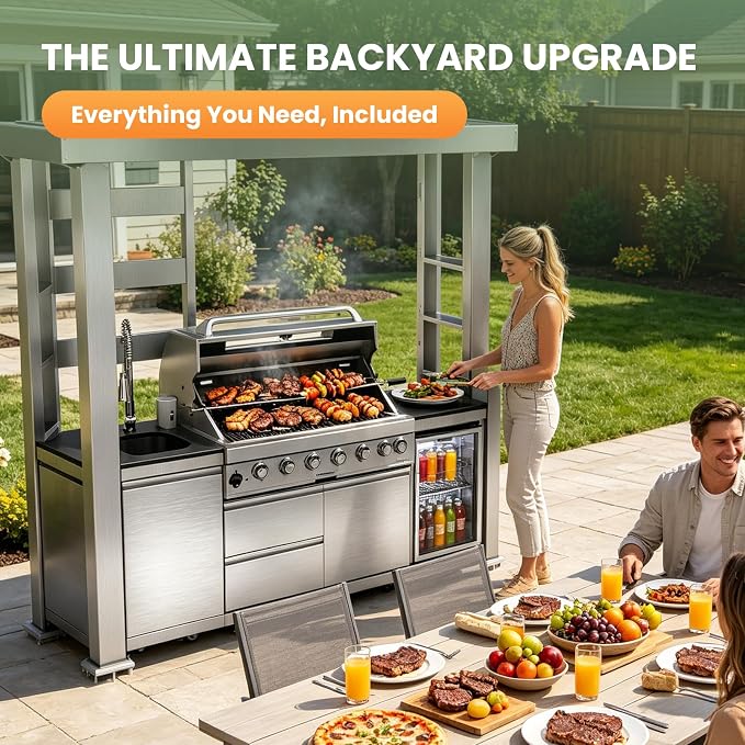 94" Stainless Steel Outdoor Kitchen Island with 6-Burner 85000 BTU,Heavy-Duty Propane Grill with Rotisserie Oven,Galvanized Steel Roof,Granite Countertops,Refrigerator,Sink.(Propane Gas)