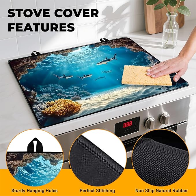 Underwater World Stove Top Cover Retro Flower Gas Stove Top Cover for Home Decoration Kitchen Pad Non-Stick Washable Cooktop Covers Countertop Protector Keep Stove Clean 28"x20"