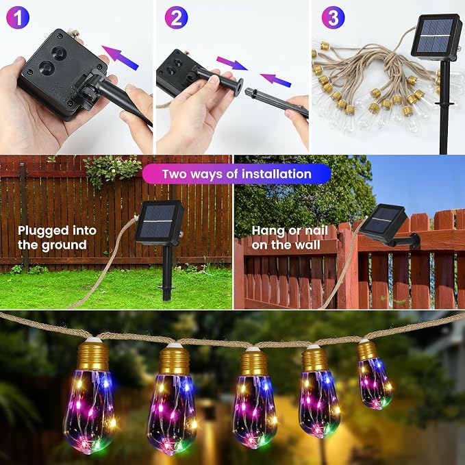 Solar String Lights Outdoor, 24FT Solar Patio String Lights for Outside, Outdoor Solar Lights with 20 Shatterproof Bulbs, Waterproof 8 Light Modes for Garden Fence Balcony Camping Decor - Multicolor