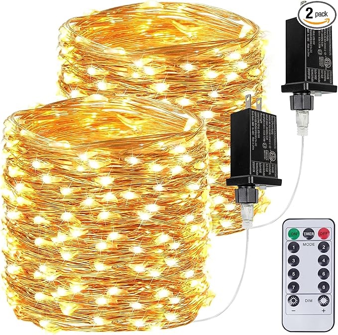 2 Pack 132FT 400 LED Fairy Lights with Remote, Plug in Twinkle Lights | 8 Modes, Timer, Dimmable, Memory Function, Waterproof Warm White String Lights for Bedroom Garden Party Christmas Decor