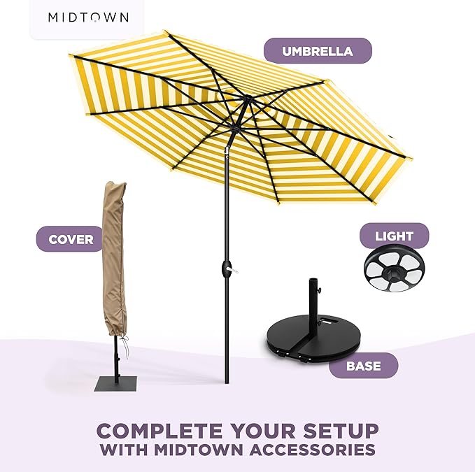 Midtown Umbrellas 10-Year-No-Fade - 8 Ft - UV Proof White/Yellow Stripes Fabric - Umbrella Outdoor Patio, Auto-Tilt Aluminum Frame Patio Umbrella for Garden, Pool & Deck - Black Pole