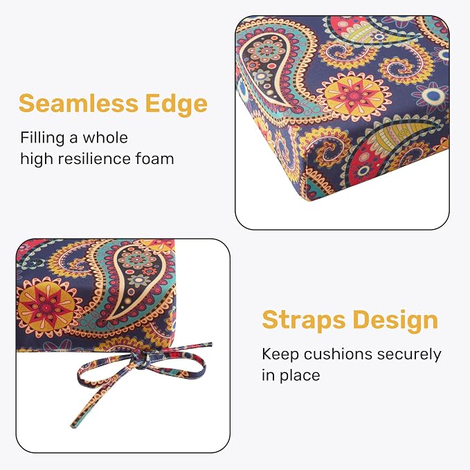 UNIKOME Outdoor Chair Cushions Pack of 4, Water Resistant Patio Cushions with Ties, High Density Sponge Filling Square Corner Seat Cushions for Outdoor Furniture, 19"*19"*3", Palmira Paisley