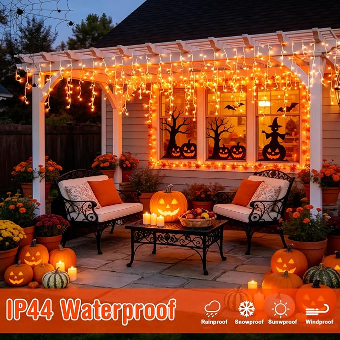 JMEXSUSS Orange Halloween Lights Outdoor, 38.8 FT 400 LED | Connectable Icicle Lights Waterproof, 8 Modes Strings Lights Plug in for Fireplace Patio Fall Halloween Decor