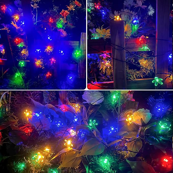 OZS 2PK 80LED 50FT Flower Solar String Lights Outdoor Waterproof, Cherry Blossoms Multicolor Lights with 8 Lighting Modes, Garden Decor for Outside, Pathway Light for Fence, Patio, Yard