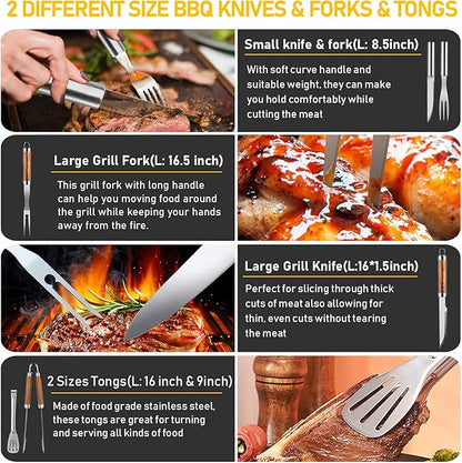 34Pcs Grill Accessories Grilling Gifts for Men, 16 Inches Heavy Duty BBQ Accessories, Stainless Steel BBQ Tools with Thermometer, Grill Mats for Backyard, BBQ Gifts Set for Men Women