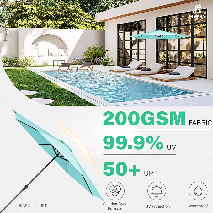JEAREY 11' Patio Umbrellas Outdoor Table Market Umbrella w/Crank, 8 Sturdy Ribs, UV Protection Windproof for Garden, Deck, Backyard, Pool(Teal Blue)