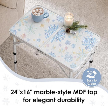 YUFIFAIRY Small Folding Table 2 Foot, Portable Camping Table with Mesh Holders,Lightweight Aluminum Adjustable Height, with Carry Handle for Camping Picnic Indoor Outdoor 24 x 16 x27.5 (Snowflakes)