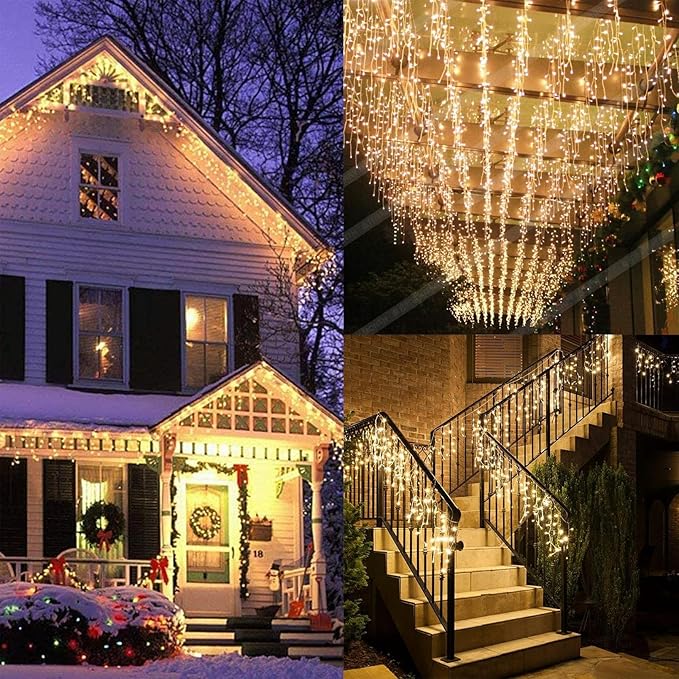 LED Icicle Lights, 8 Modes 16.4FT 112 LEDs Christmas Short Curtain Fairy Hanging Ceiling Extendable Lights for Wedding Balcony Doorway Outdoor Indoor Decoration Warm White, 5M04