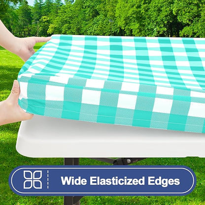 Smiry Picnic Table Cloth 2 Pack, Waterproof Elastic Fitted Tablecloths for 6FT Rectangle Tables, Washable Polyester Buffalo Plaid Tablecloth for Camping, Dining & Outdoor (Teal & White, 30" x 72")
