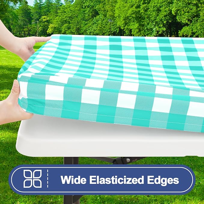 Smiry Picnic Table Cover with Bench Covers, Waterproof Elastic Fitted Tablecloths for 5 Foot Rectangle Tables, Washable Buffalo Plaid Tablecloth for Camping, Outdoor (Teal & White, 30"x60")