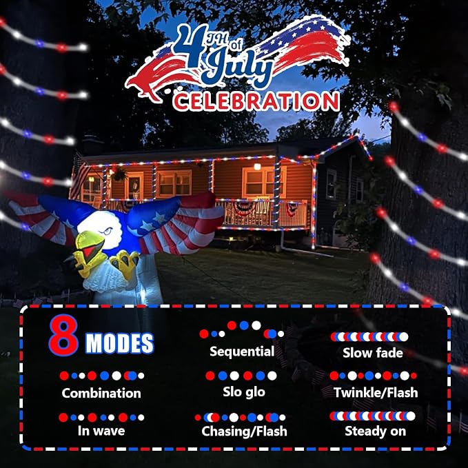 YEGUO Solar Rope Lights Outdoor Waterproof, 66ft 200 LED Red White and Blue Lights, 8 Modes Fairy Lights in Clear Thin Tube for Indoor Independence Memorial Day