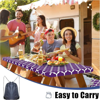 Smiry Picnic Table Cover with Bench Covers, Waterproof Elastic Fitted Tablecloth for 6 Foot Tables, Washable Polyester Tablecloths for Camping, Indoor & Outdoor (Purple, 30x72 Inch 3-pc Set)