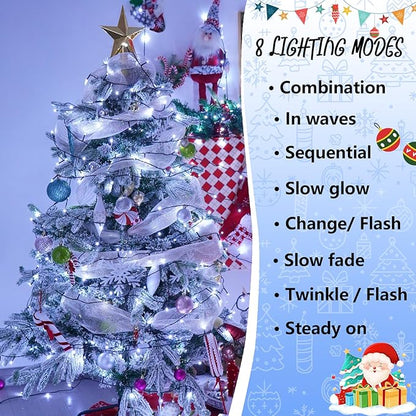 YEGUO 66ft 200 LED White String Lights Outdoor Waterproof, Green Wire Christmas Lights Indoor, 8 Modes Twinkle Tree Lights Plug in with Memory Timer
