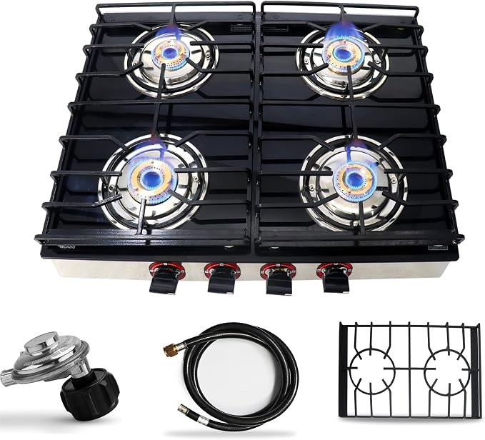 4 Burner Gas Stove Top, 25" Black Tempered Glass Countertop Stove | Stainless Steel 4 Burner Cooktop Burners RV Stove for Cooking Range Gas with Hose & Regulator to Connect Propane Cooktop