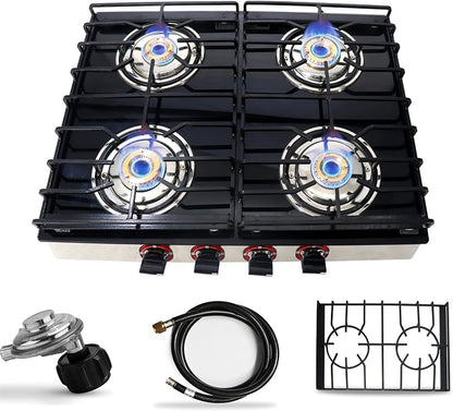 4 Burner Gas Stove Top, 25" Black Tempered Glass Countertop Stove | Stainless Steel 4 Burner Cooktop Burners RV Stove for Cooking Range Gas with Hose & Regulator to Connect Propane Cooktop
