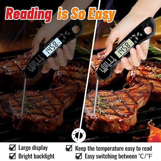 Meat Thermometer Digital, IP67 Waterproof Food Thermometer for Cooking | Backlight, Hold Function, Magnet, IP67 Waterproof, LED screen, for Kitchen, Grill, BBQ, Beef, Candy, Turkey