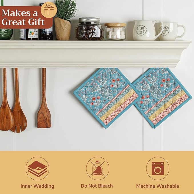Maison d' Hermine Pot Holders 100% Cotton Heat Resistant Potholders 8" x 8" Hot Pads with Loop BBQ Cooking Baking Hotel Farmhouse Kitchen Handling Hot Pans Spring Summer (Pack of 2, Marquise)