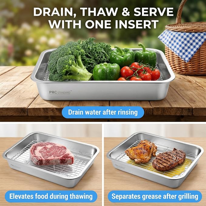 Grilling Prep and Serve Trays with Spill-Reducing Lids, 304 Stainless Steel BBQ Grill Carry System with Drain Board & Acacia Cutting Board