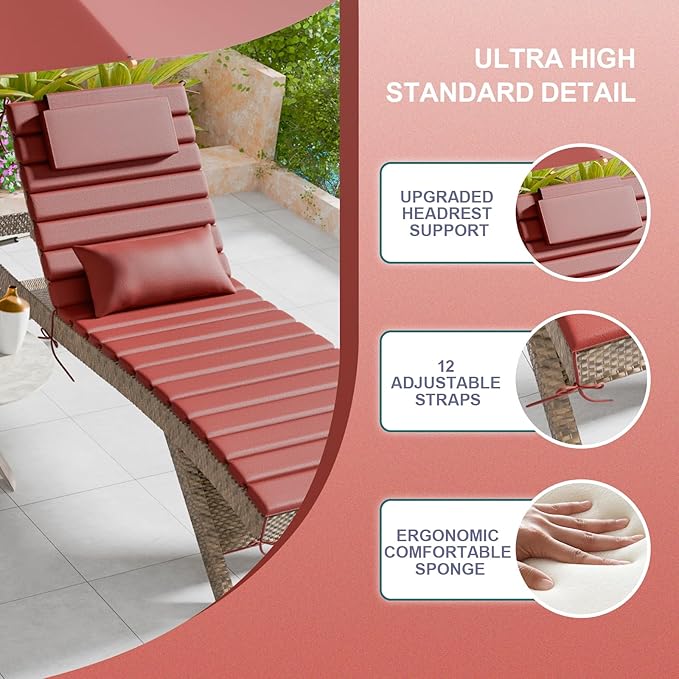 2PCS Outdoor Water-Resistant Olefin Chaise Lounge Cushions with Pillow, Weather and Fade Resistant Foldable Quilted Patio Reclining Lounger Chair Cushions with Straps, Red, 81" L x 27" W