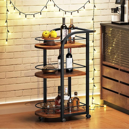 3-Tier Bar Cart, Home Bar Serving Cart with Fence and Wheels, for Dining Room, Living Room, Garden, Party, Rustic Brown and Black BC06BR